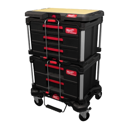 MILWAUKEE PACKOUT Rollbrett, Koffer mit 2 Schubladen, Koffer mit 3 Schubladen u. Holz-Arbeitsplatte PACKOUT Starter-Set Automotive 4-teilig