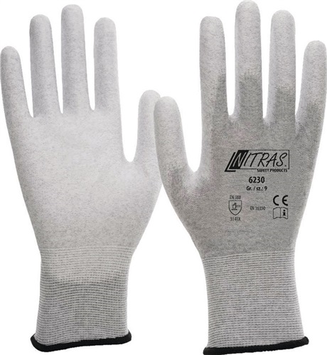 NITRAS Handschuhe EN420 EN388 EN1149-3 EN16350 ESD Nylon-Karbon grau PU teilbesch.