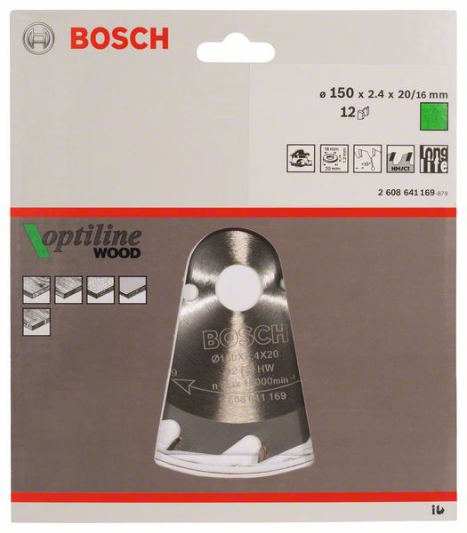 BOSCH Kreissägeblatt Optiline Wood für Handkreissägen, 150 x 20/16 x 2,4 mm, 12