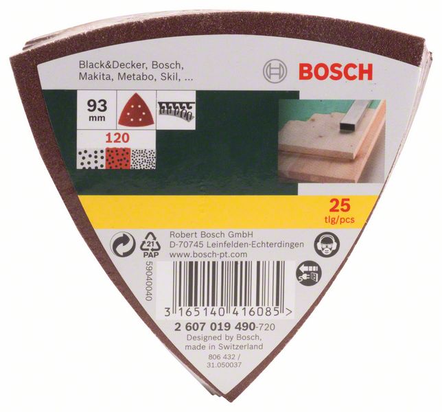 BOSCH Schleifblatt-Set für Deltaschleifer, 93 mm, 120, 6 Löcher, 25er-Pack
