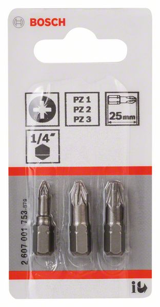 BOSCH Schrauberbit-Set Extra-Hart (PZ), 3-teilig, PZ1, PZ2, PZ3, 25 mm