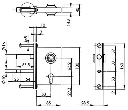 AMF Gittertorschloss 107 Dornm.50mm verz.AMF