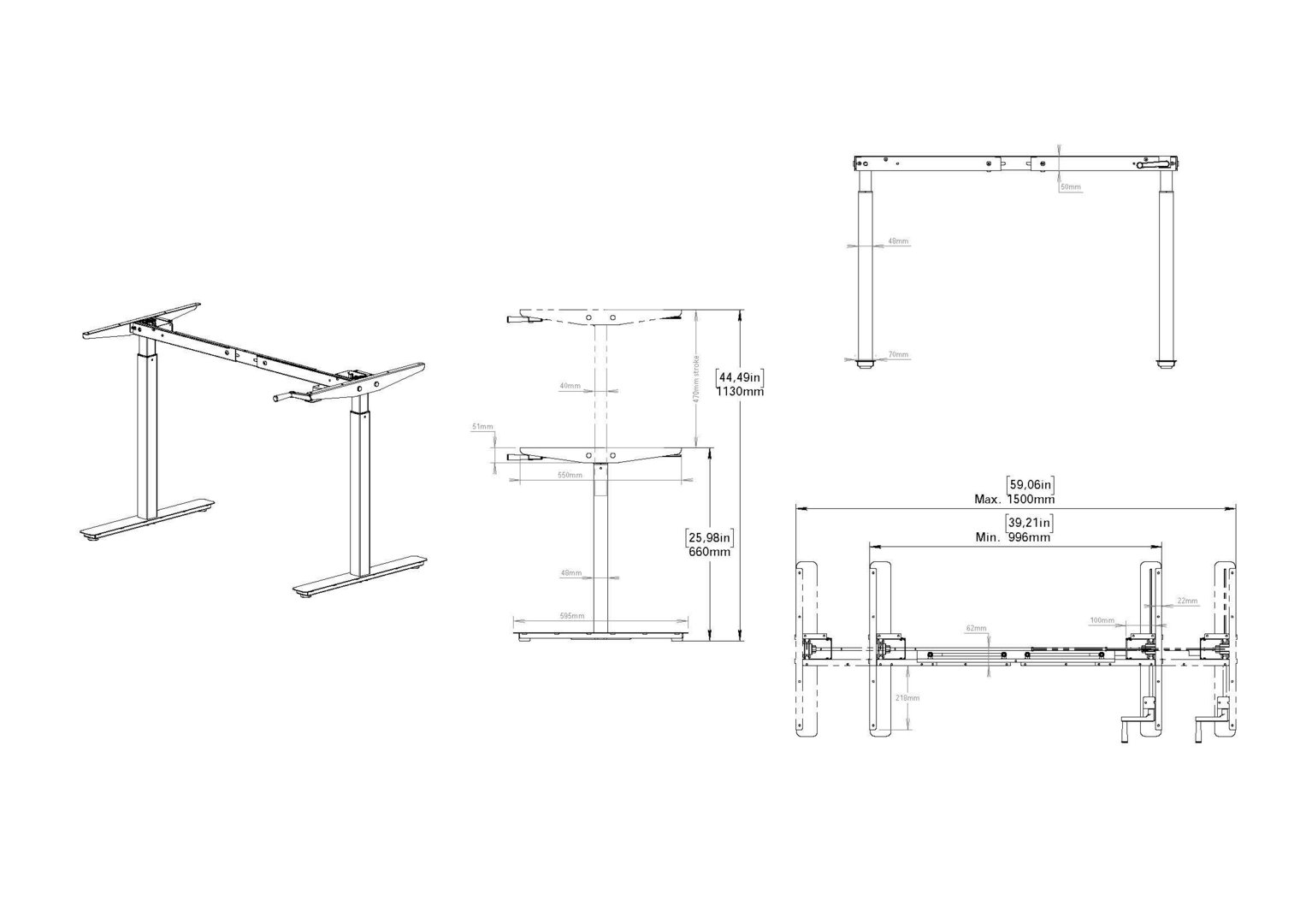 SWEDSTYLE Tischgestell Revolution kurbel, 470mm Hub, RAL 9006 weißaluminium