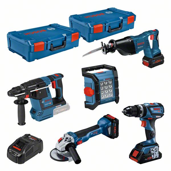 BOSCH 5-tlg. Set 18V: GSB + GWS + GBH + GSA + GLI + 3x ProCORE18V + GAL