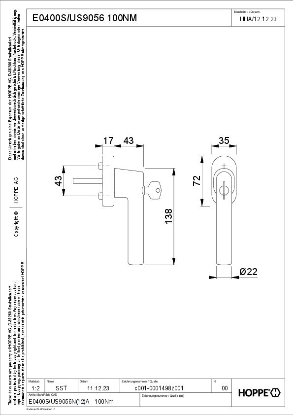 HOPPE® Fenstergriff abschließbar Amsterdam E0400S/US9056 100NM, mit Schrauben, Edelstahl, 12237322