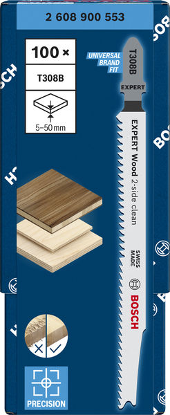 BOSCH EXPERT ‘Wood 2-side clean’ T 308 B Stichsägeblatt, 100 Stück. Für Stichsägen