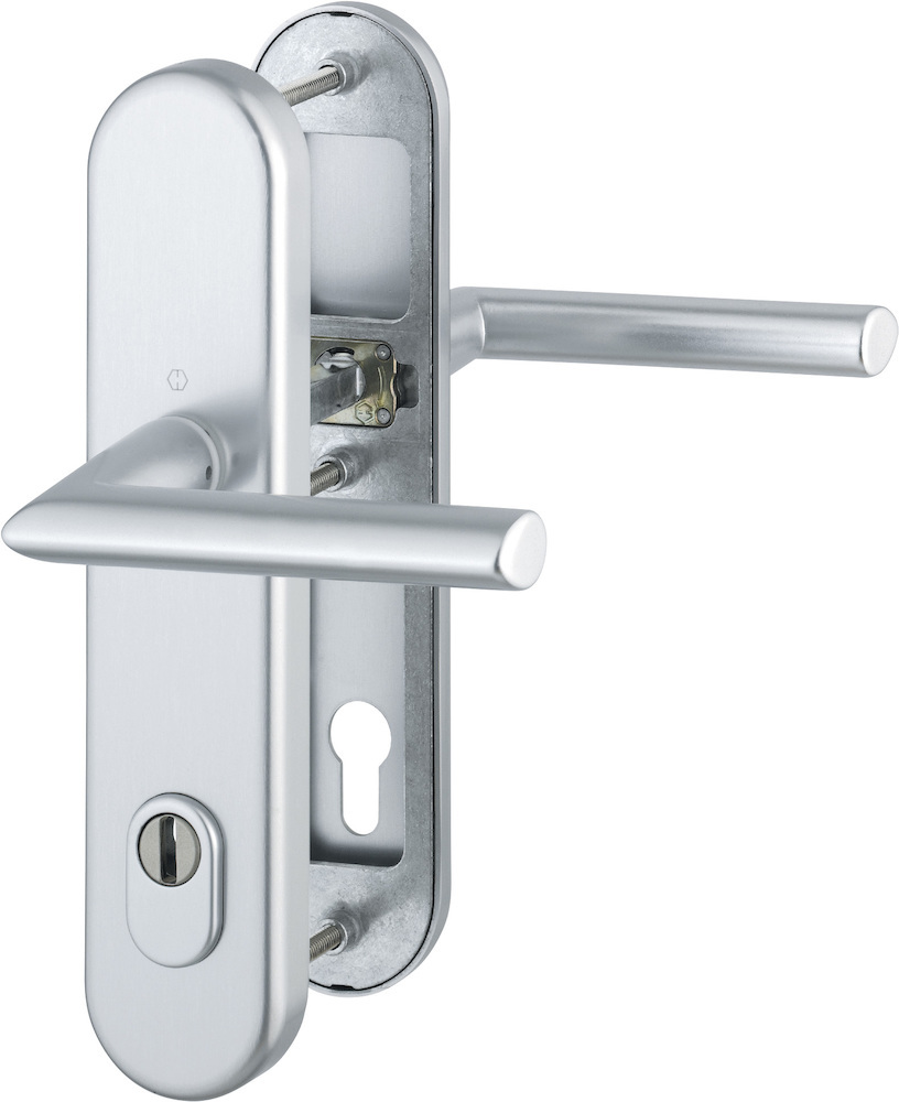 HOPPE® Schutz-Drückergarnitur mit Langschild Stockholm 1140/3332ZA/3410, 10/92 mm, Aluminium, 3666465