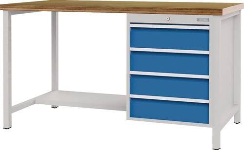 BEDRUNKA+HIRTH Werkbank signalblau lichtgrau B1500xH859xT750mm Buche Multiplex 40mm 4 Schubl.