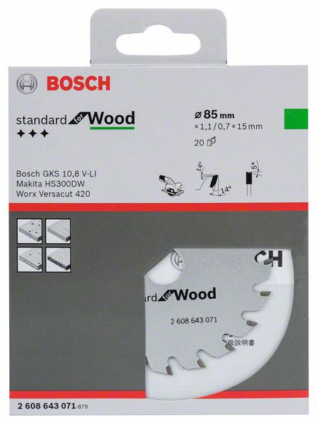 BOSCH Kreissägeblatt Optiline Wood für Handkreissägen, 85 x 15 x 1,1 mm, 20