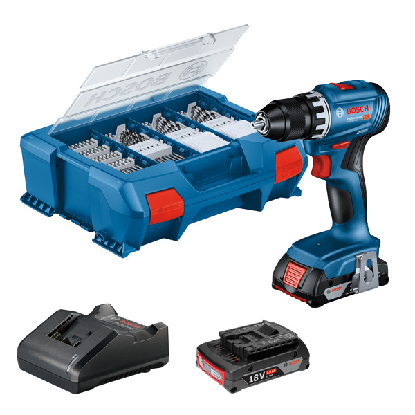 BOSCH Akku-Bohrschrauber GSR 18V-45, 2 Akku GBA 18V 2.0Ah, Ladg. u. L-CASE