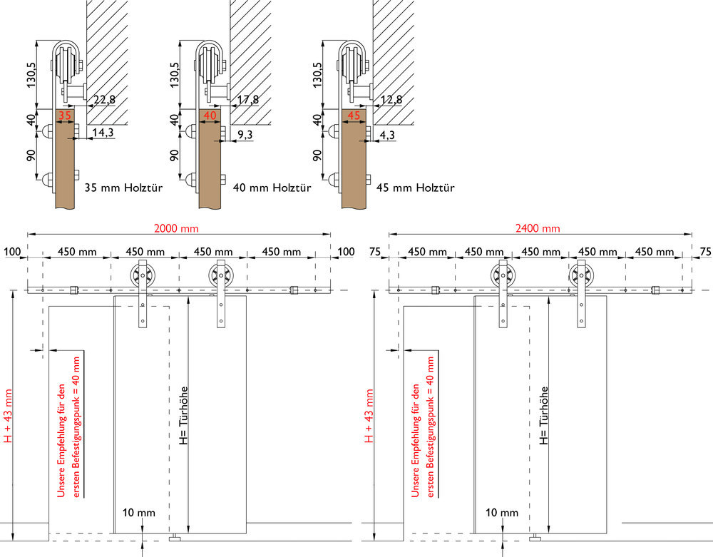 HERMAT Schiebetürbeschlag DIMARO 9034 für Holztüren, 100 kg, Edelstahl