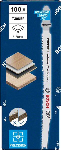 BOSCH EXPERT ‘Hardwood 2-side clean’ T 308 BF Stichsägeblatt, 100 Stück. Für Stichsägen BOSCH EXPERT ‘Hardwood 2-side clean’ T 308 BF Stichsägeblatt, 100 Stück. Für Stichsägen