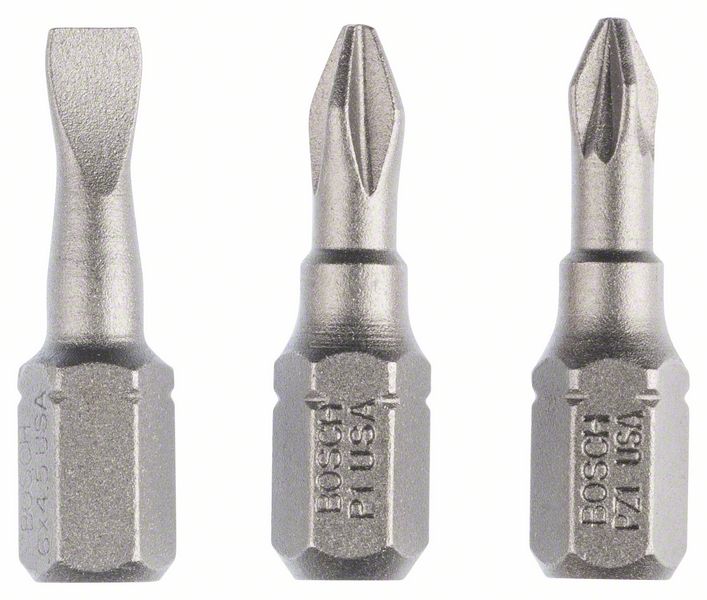 BOSCH Schrauberbit-Set Extra-Hart (gemischt), 3-teilig, S 0,6x4,5, PH1, PZ1, 25 mm
