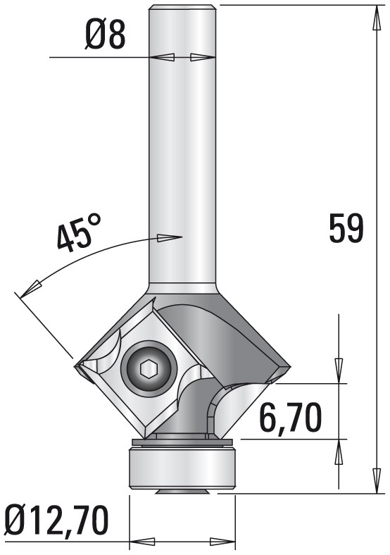 GUHDO HW-WPL-Fasefräser Z2 S8 D26 R3/45° l=6 L=59 mit Anlauflager 12,7