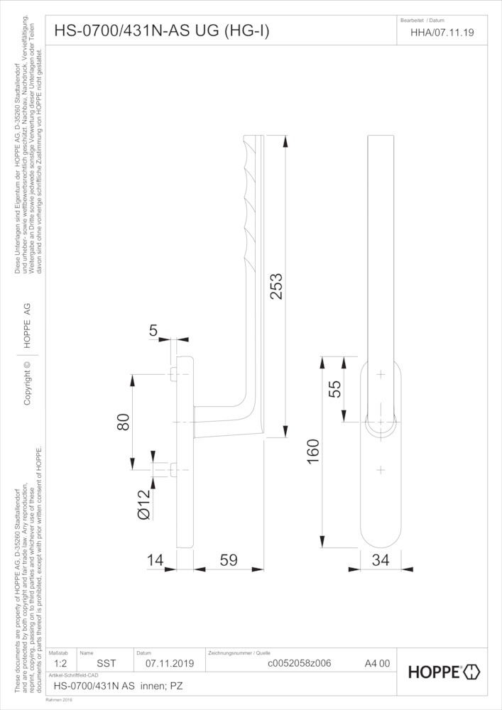 HOPPE® Handhebelgarnitur Hamburg HS-0700/431N-AS, ohne Schrauben, Aluminium, ungelocht