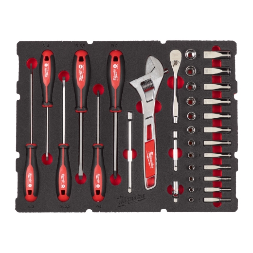 MILWAUKEE 35-teilige Einlage für PACKOUT Koffer mit Schubladen 1/4" Ratschen- u. Steckschlüsseleinsätze, Tri-Lobe-Schraubendreher & Rollgabelschlüssel Einlage