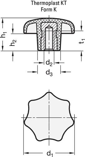 GANTER Sterngriff DIN 6336 m.Gewindebuchse Ku.d1 32mm d2 M 6mm