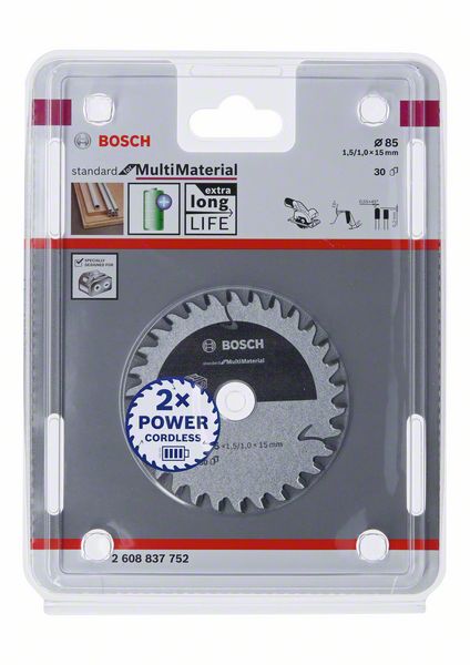 BOSCH Akku-Kreissägeblatt Standard for Multimaterial, 85 x 1,5/1 x 15, 30 Zähne