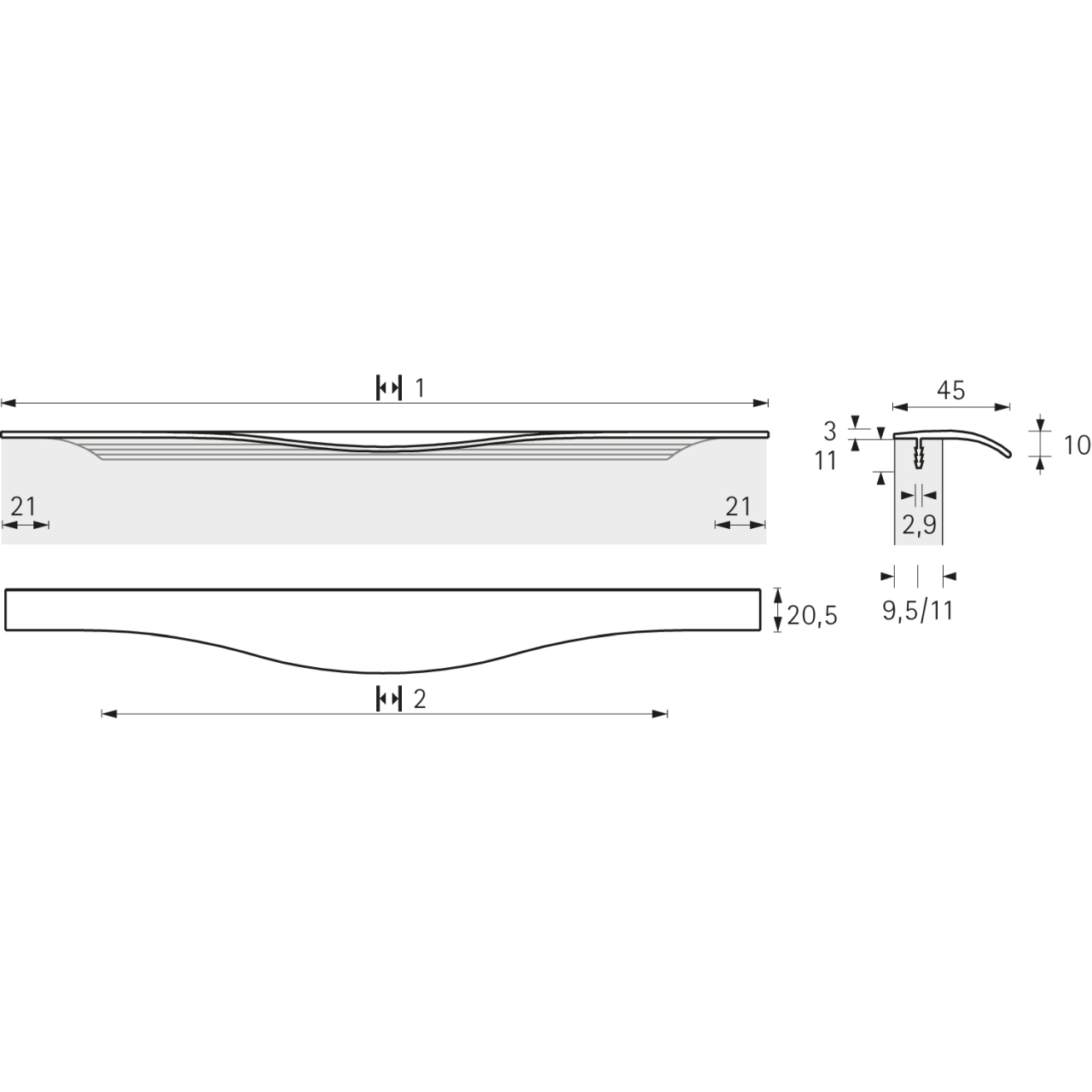 HETTICH Griff Trani, •–• 128, L 148 mm, B 26 mm, H 16 mm, Aluminium eloxiert, 9995440