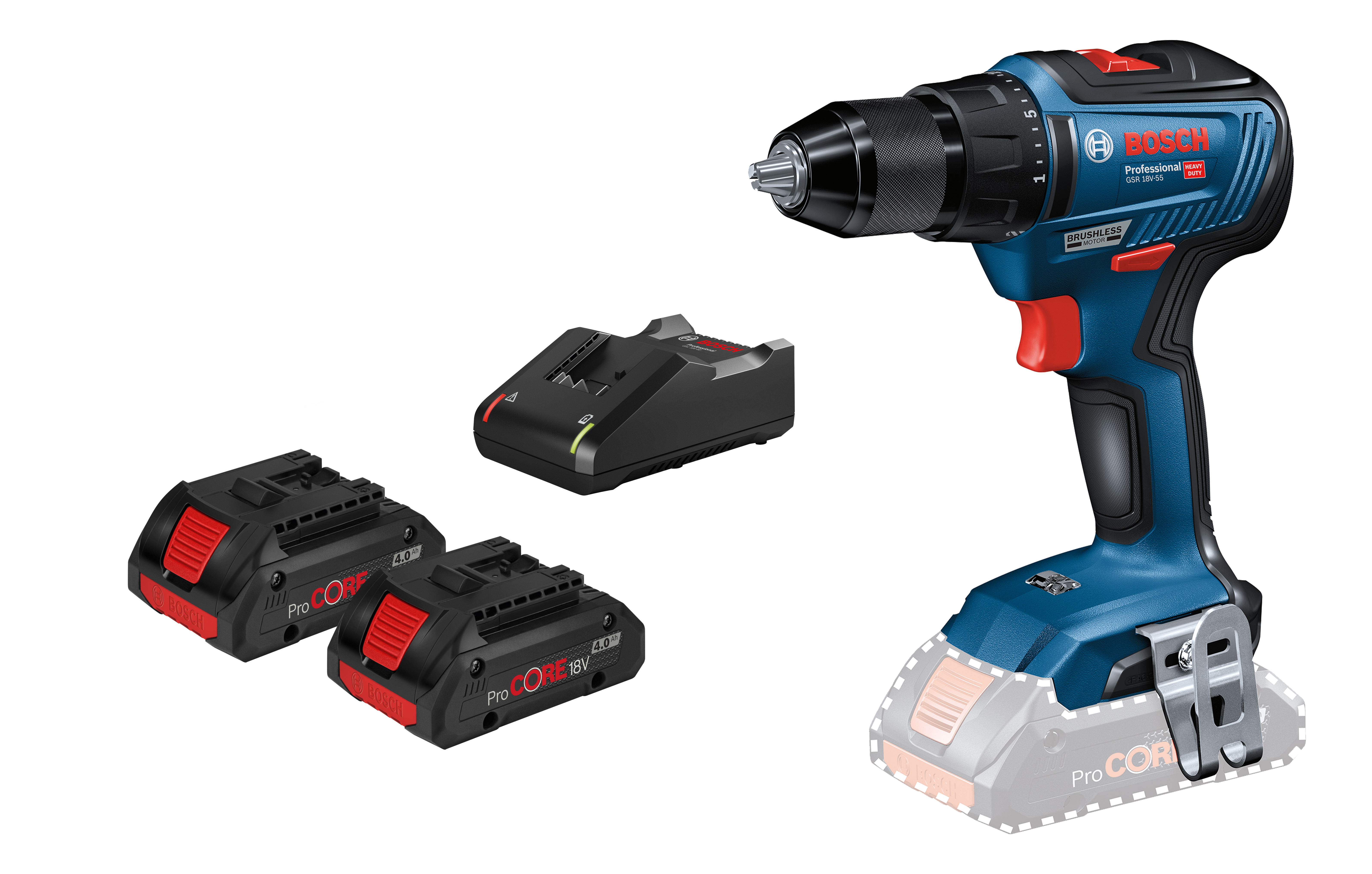 BOSCH Akku-Bohrschrauber GSR 18V-55, 2 x Akku ProCORE18V, Schnellladegerät GAL 18V-40