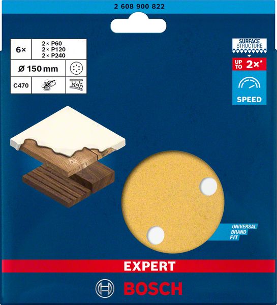 BOSCH EXPERT C470 Schleifpapier-Set für Exzenterschleifer, 150 mm, 6 Löcher, G 60/120/240, 6-tlg.. Für Exzenterschleifer