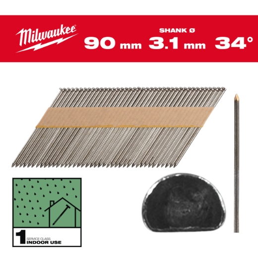 7,4 x 3,1 x 90 mm, Glattschaft Stahl blank, 34° D-Kopf-Nägel für M18FFN