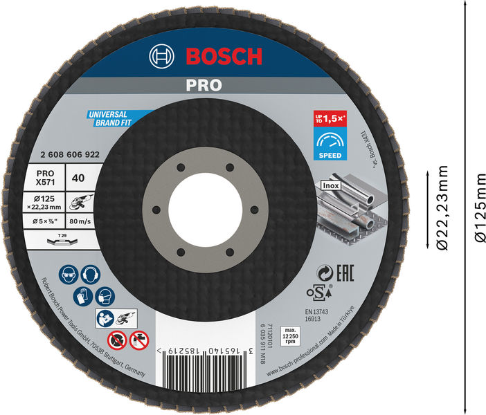 BOSCH Fächerschleifscheibe X571 Best for Metal, gewinkelt, 125 mm, 40, Glasgewebe