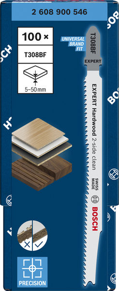 BOSCH EXPERT ‘Hardwood 2-side clean’ T 308 BF Stichsägeblatt, 100 Stück. Für Stichsägen