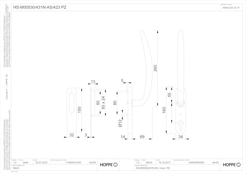 HOPPE® Handhebelgarnitur Atlanta HS-M0530/431N-AS/423, Messing HOPPE® Handhebelgarnitur Atlanta HS-M0530/431N-AS/423, Messing