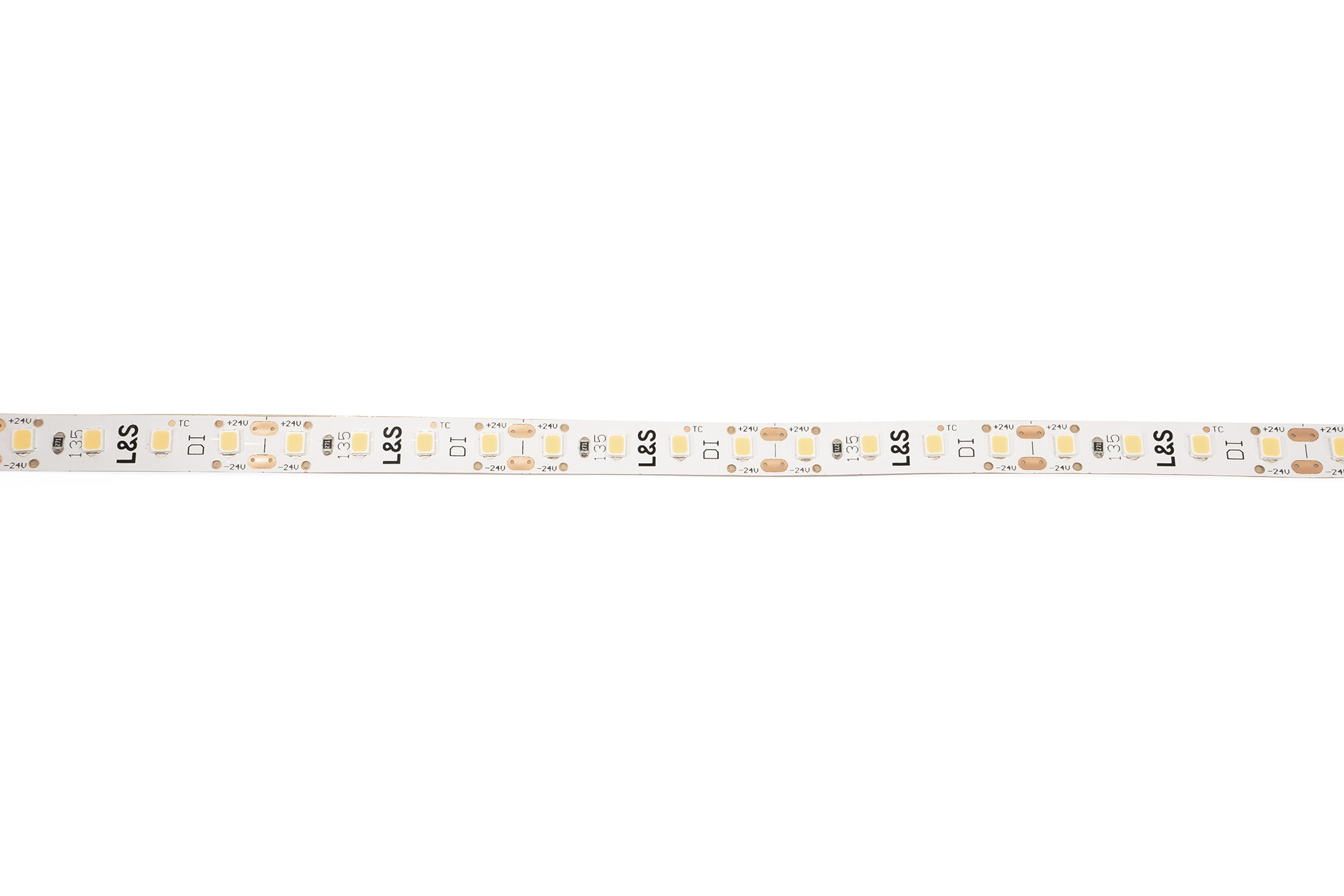 L&S LED-Band HE 112LEDs/m (2835), 3000K, 4 LEDs/35,7mm, 24DC, 6,3W/m, 8mmx5m, 2x Anschlussltg. 2000mm, white PCB, IP20