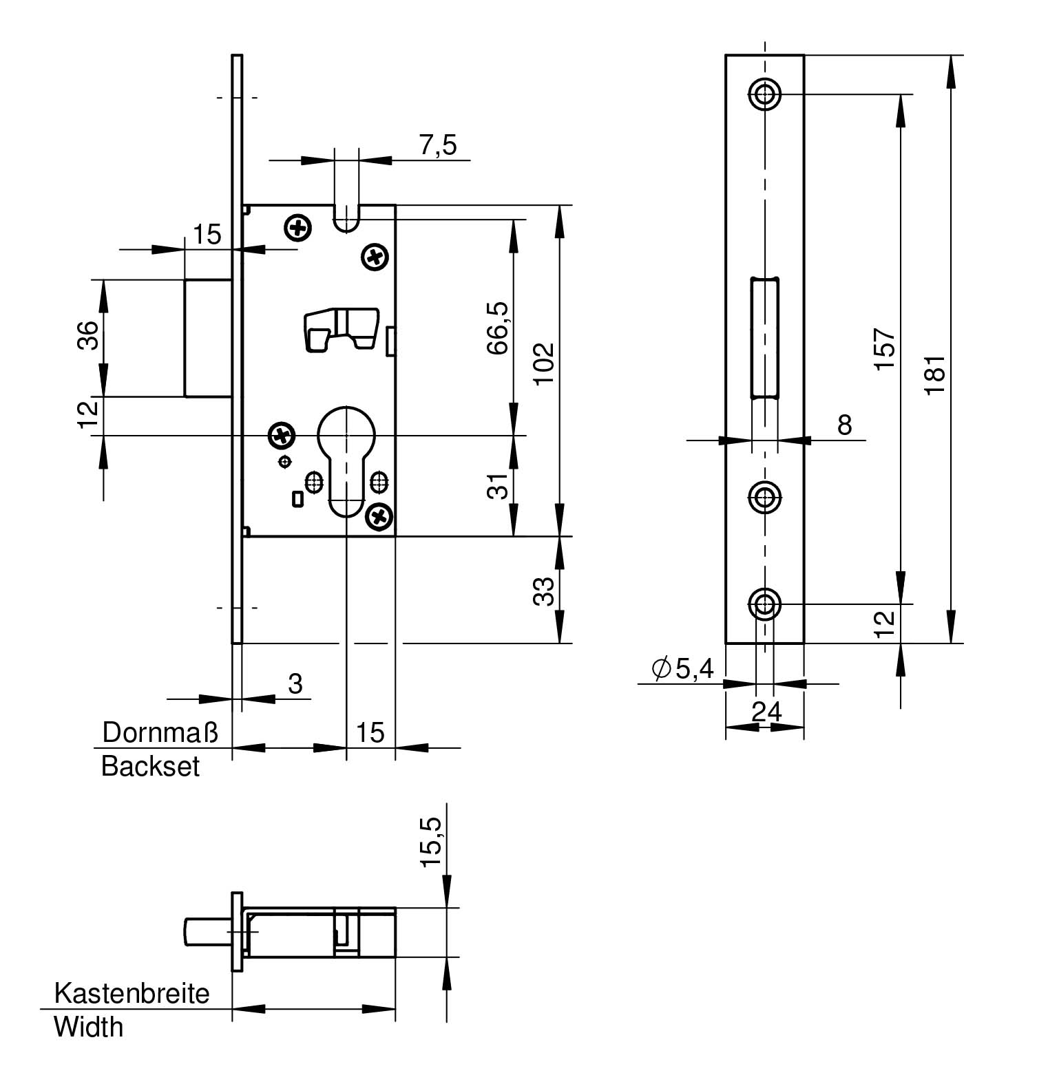 WILKA 033R Riegel-Einsteckschloss 24x3x181