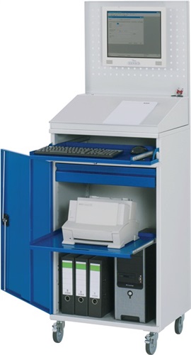 RAU Computerschrank H1895xB650xT520mm mobil enzianblau lichtgrau Lochpl.,Pultaufs.