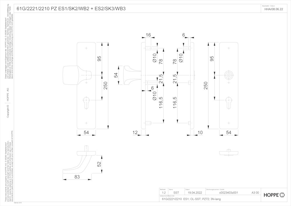 HOPPE® Schutz-Wechselgarnitur mit Langschild 61G/2221/2210, ohne Lochteil, 8/10/92 mm, Aluminium, 11982913