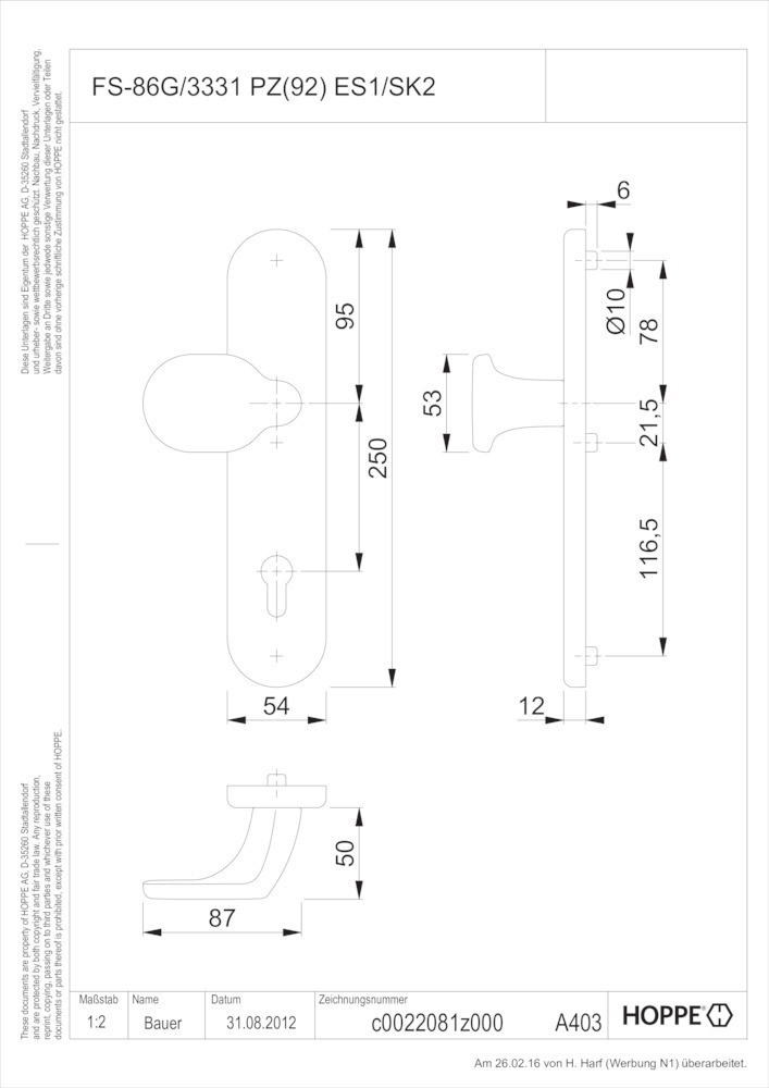 HOPPE® FH Knopf auf Schutz-Langschild FS-86G/3331, Aluminium, 3534526