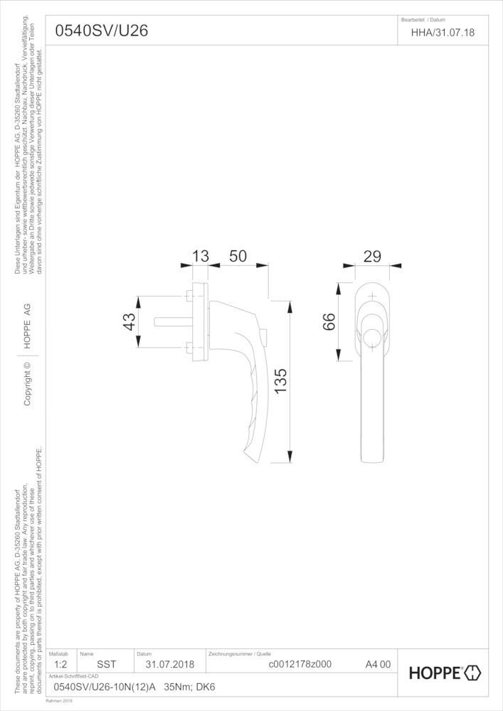 HOPPE® Fenstergriff absperrbar Liège 0540SV/U26, mit Schrauben, Aluminium, 11716685