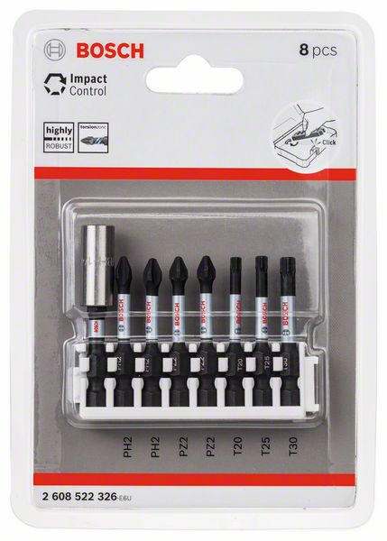 BOSCH Schrauberbit-Set Impact Control, 8-teilig, 2 x PH2, 2x PZ2, T20, T25, T30, 50 mm