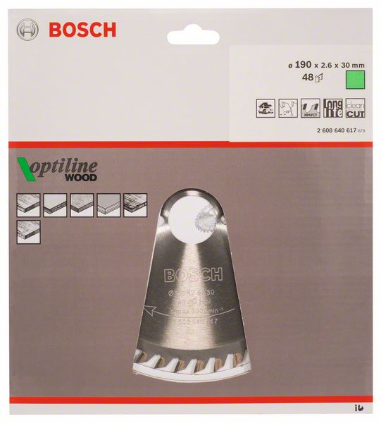 BOSCH Kreissägeblatt Optiline Wood für Handkreissägen, 190 x 30 x 2,6 mm, 48