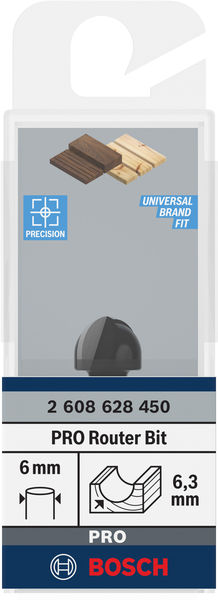 BOSCH Hohlkehlfräser 6 mm, R1 6,3 mm, D 12,7 mm, L 9,2 mm, G 40 mm