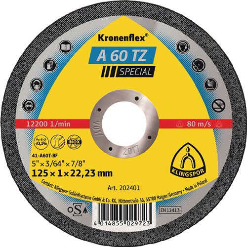 KLINGSPOR Trennscheibe A 60 TZ Special D125x1mm ger.INOX Bohr.22,23mm KLINGSPOR