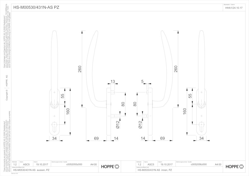 HOPPE® Handhebelgarnitur Atlanta HS-M0530/431N-AS, Messing, 11642385