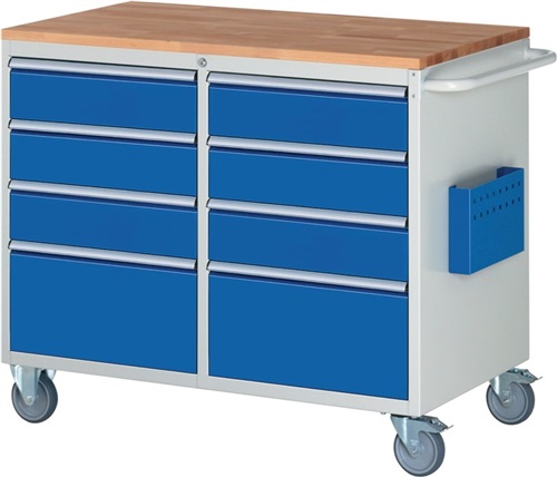 RAU Werkstattwagen Buchenplatte H975xB1145xT650mm lichtgrau/enzianblau 2x270,6x150mm