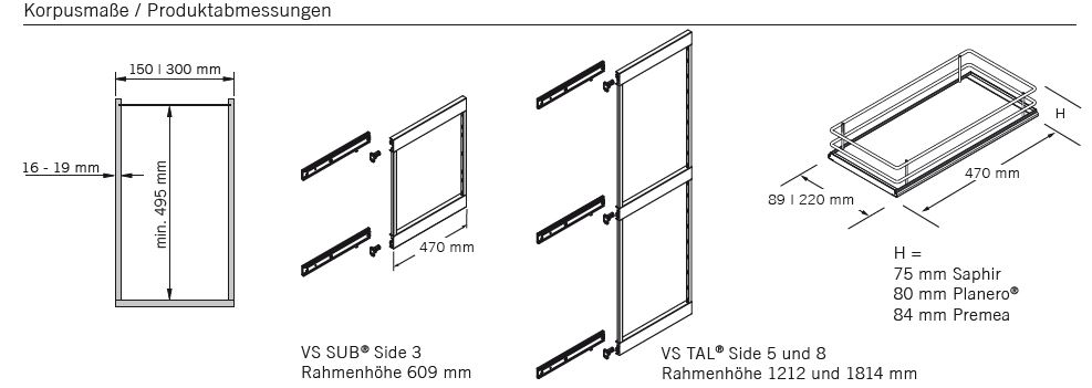 Seitenwandauszug SUB-Side, Korbset, 2x 300er, Planero, lavagrau Vauth Sagel