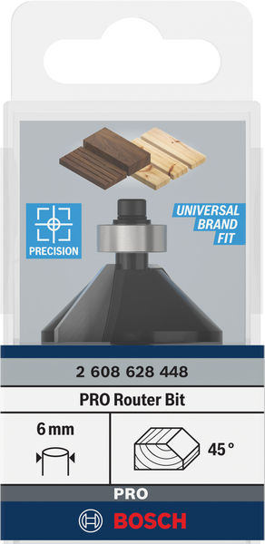 BOSCH Fase-/Bündigfräser 6 mm, D1 34,9 mm, B 11,1 mm, L 14,6 mm, G 56 mm, 45°