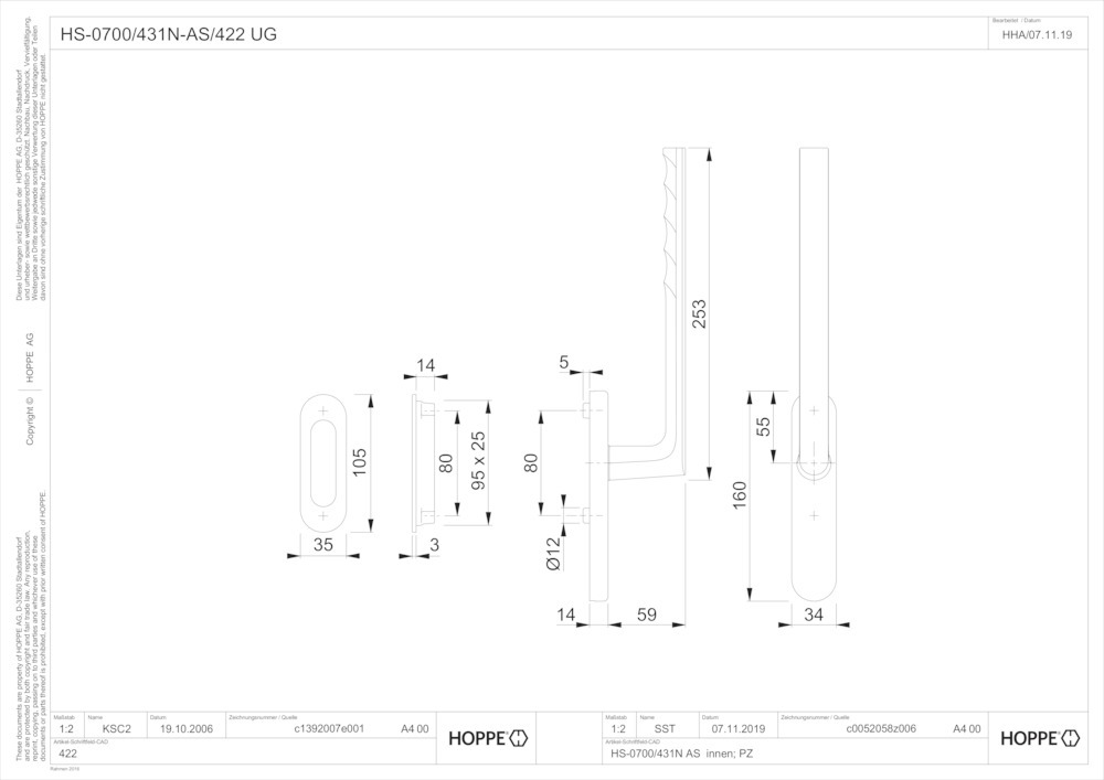HOPPE® Handhebelgarnitur Hamburg HS-0700/431N-AS/422, Aluminium HOPPE® Handhebelgarnitur Hamburg HS-0700/431N-AS/422, Aluminium