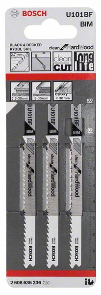 BOSCH Stichsägeblatt U 101 BF Clean for Hard Wood, 3er-Pack