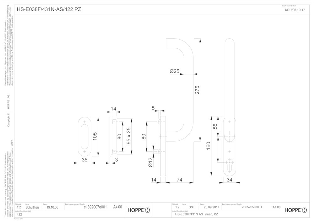 HOPPE® Handhebelgarnitur Paris HS-E038F-25/431N-AS/422, Edelstahl, 11630930