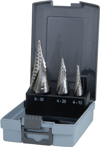 RUKO Stufenbohrersatz D.4-12/4-20/4-30mm HSS-Co5 Spiralnut 3tlg.Ku.-Kass.RUKO