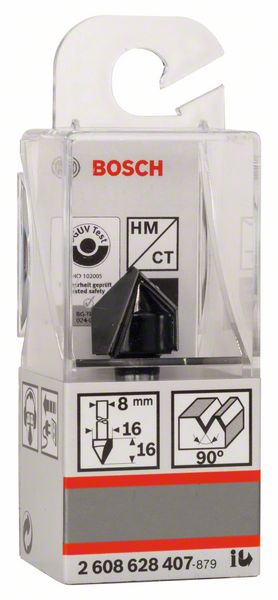 BOSCH V-Nutfräser Standard for Wood mit 8 mm Schaft, D1 16 mm, L 16 mm, G 45 mm, 90°