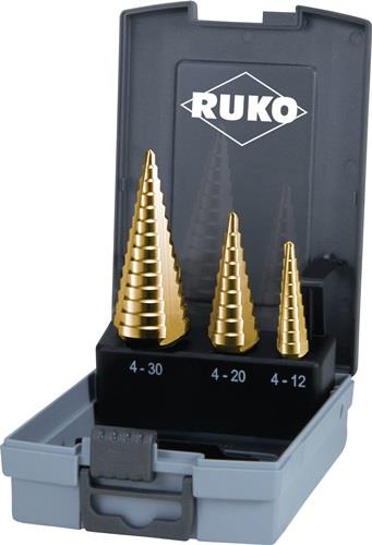 RUKO Stufenbohrersatz D.4-12/4-20/4-30mm HSS-TiN ger.genutet 3tlg.Ku.-Kass.RUKO