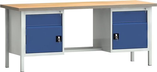 KLW Werkbank PW 700 B2000xT700xH840mm Buche Multiplex lichtgrau/blau 2Schubl.2Türen